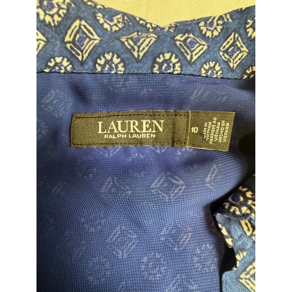 Lauren Ralph Lauren Blue Geometric Print Mock Neck Belted Midi Dress 10-2484 - Picture 3 of 9